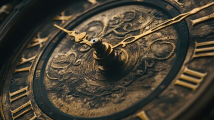 Macro shot of an antique clock's face, focusing on the intricate hands, numbers, and patina of the dial, evoking a sense of time and history.