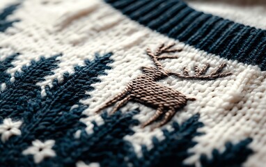 Close-up of a cozy knitted sweater featuring a reindeer and forest design in festive colors.