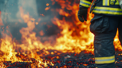 Close-up of a firefighter tackling a house fire, embers glowing and smoke swirling, low-angle shot highlighting determination and danger, intense atmosphere. space for text