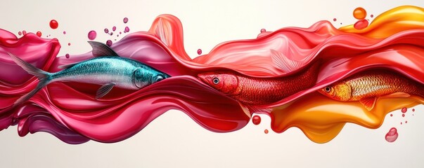 Aufkleber - Vibrant interplay of colorful fish swimming through flowing waves of fluidity and motion