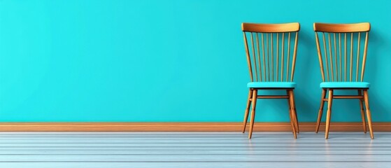 Fototapete - Bright and inviting interior a stylish pair of wooden chairs against a vibrant teal wall