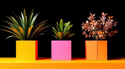 Aufkleber - Vibrant indoor plants displaying modern aesthetic with colorful pots against a dark background