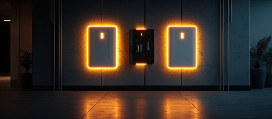 Two glowing electric vehicle charging stations on a dark wall in a futuristic building.