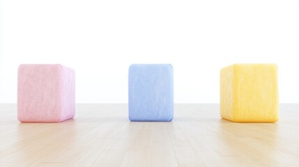 Aufkleber - Minimalist design three soft-colored cubes on a light wooden floor in a bright room