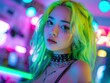 © sergio - A woman with bright green hair poses in front of colorful lights. AI.