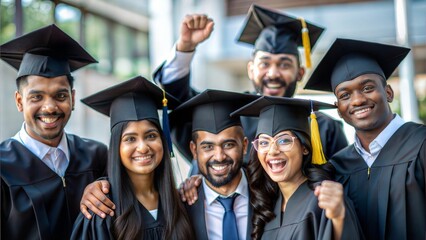 Indian graduates in caps and gowns celebrating their MBA graduation.
