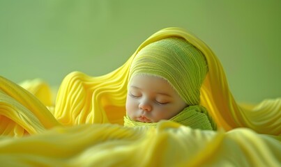 Canvas Print - A baby sleeps soundly wrapped in a yellow blanket. AI.