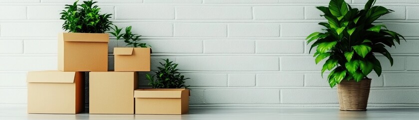 Poster - Stylish indoor arrangement of cardboard boxes and lush green plants for modern home decor
