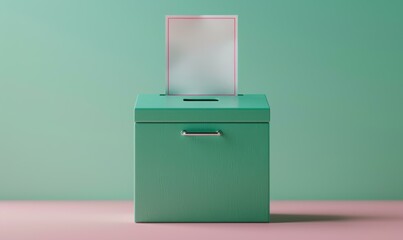 Poster - A green ballot box with a white paper inside. AI.