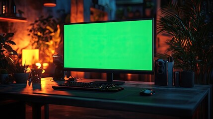 Wall Mural - modern home office with green screen computer monitor, keyboard, and mouse on desk with plants.