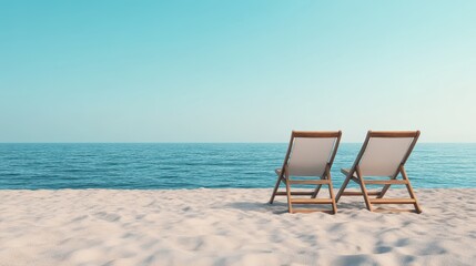 Relaxing Beach Scene with Two Empty Deck Chairs Facing the Ocean, Perfect for Summer Vacation or Travel Advertising