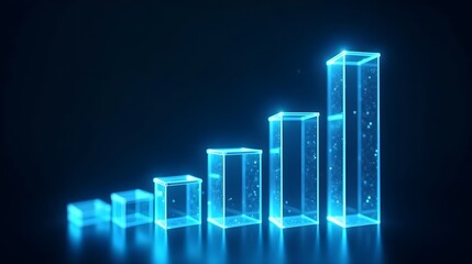 Wall Mural - digital glass bar graph, glowing blue light at the top of each vertical column representing an upward trend in sales or technology progress, against dark background, modern and sleek design