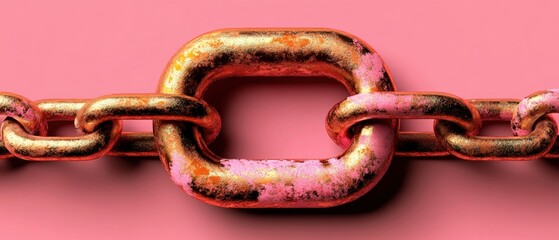 Poster - Rusty gold chain link symbolizing connection and strength in a vibrant pink background