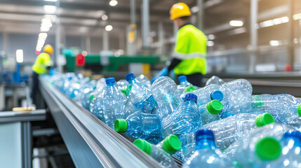 Recycling plant with a conveyor belt full of plastic bottles, bright factory lighting, blurred workers in the background, emphasizing efficient waste management.