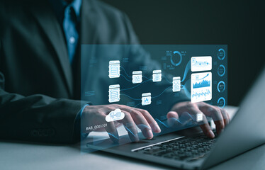 Poster - Businessman using AI technology for data analytics, Artificial Intelligence generate. Futuristic technology, robot in online system. Data management system invest and develop corporate concept.