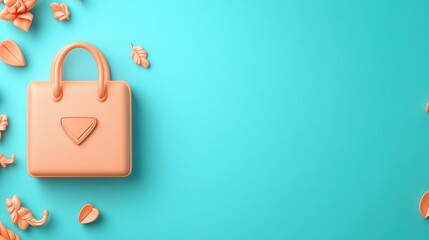 Aufkleber - Stylish orange handbag on a turquoise background surrounded by decorative leaves and hearts