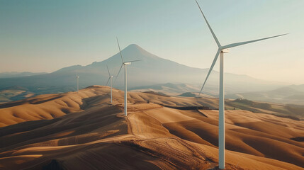 Sticker - wind farm with turbines spinning in breeze, set against stunning mountain backdrop. landscape features rolling hills and golden fields, creating serene and picturesque scene