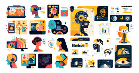 Synthetic intellect data research cartoon vector ideas. Head robot face profile bars chart ai mind charts advancement computing interface web statistics investigation scientific isolated artworks