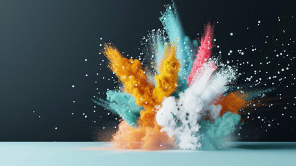 Bright and bold powder explosion on dark background creates stunning visual impact. vibrant colors of orange, blue, and white blend beautifully, evoking sense of energy and creativity