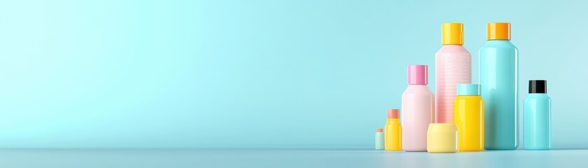 Poster - Colorful collection of cosmetic bottles on a soft blue background for modern lifestyle and beauty concepts
