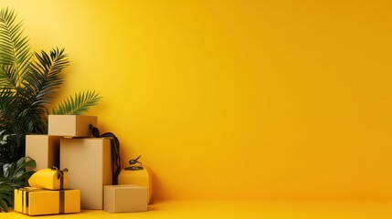 Aufkleber - Vibrant yellow background with decorative boxes and lush greenery a perfect blend of color and style for modern decor