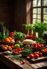 Canvas Print - vibrant plant based ingredients beautifully arranged rustic wooden table ideal organic culinary settings, fruit, vegetable, herb, greenery, leaf, root