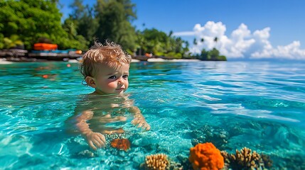 Generative AI Image of Cute Little Boy Playing in Shallow Ocean Beach with Coral Reefs at Bright Day