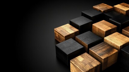 Aufkleber - A modern composition of textured wooden blocks in black and natural tones on a dark surface