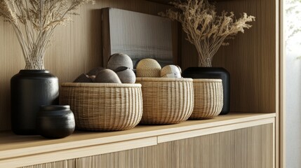 Neutral-toned interior featuring rattan storage baskets on a wooden cabinet, creating a harmonious and functional design