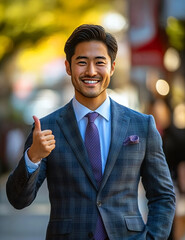 Young Asian Businessman in Suit Giving a Thumbs Up Gesture. Outdoors Shot - Symbol of Success, Confidence, and Positive Company Results