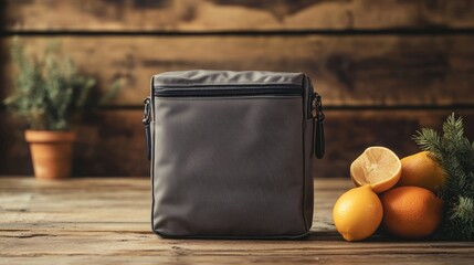 Insulated thermal lunch bag with a zipper, ideal for travel or daily meals, placed on a wooden table