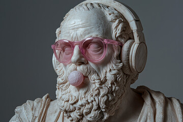 Socrates Reimagined: Hyperrealistic Portrait of Ancient Greek Philosopher in Pink Sunglasses and Headphones, Blowing Bubble Gum