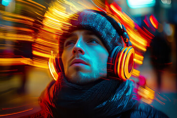 Creative Editorial Shot: 35-Year-Old Man Enjoying Music with Headphones and Motion Blur Effect