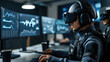 © AlexPhototest - focused electrical engineer wearing helmet and headset, engaged in advanced technology work at multiple computer screens, showcasing data analysis and virtual reality