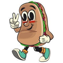 Sub Sandwich cartoon mascot illustration character vector walking with a peace sign, work of hand drawn