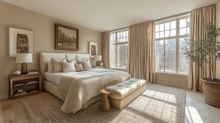 Modern guest room with clean lines, neutral tones, and simple yet elegant decor.