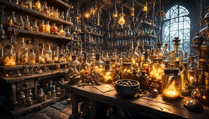 Alchemist workshop. A strange and creepy room with cabinets of curiosities filled with lots of bottles and glass jars. CG Artwork Background. AI generated digital illustration