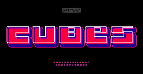 Leinwandbilder - 8-bit arcade alphabet, retro neon typography, bold squared letters with 3D layered shadow. Modular Y2K font for vibrant geometric headline, game logo. Vector typeset