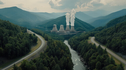 Sticker - Nuclear energy facility with cooling towers surrounded by mountains and forest. scene captures contrast between industrial structures and natural landscapes, evoking sense of scale and environmental