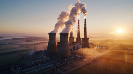 Sticker - nuclear power plant with tall cooling towers and chimneys emitting steam at sunrise, surrounded by serene landscape. scene captures industrial beauty and energy production