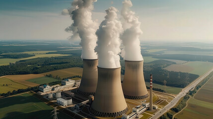 Nuclear power plant with cooling towers releasing thick clouds of steam, surrounded by green fields and clear sky, showcasing industrial energy production