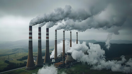 Sticker - Nuclear power station with towering chimneys emits thick smoke into atmosphere, showcasing industrial energy production amidst cloudy landscape