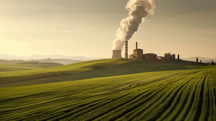 Sticker - nuclear reactor emits thick clouds of steam against backdrop of rolling green hills. serene landscape contrasts with industrial structures, creating striking visual