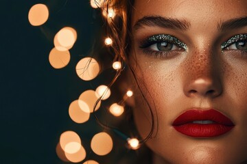 Close-up of a model wearing sparkling green eyeshadow and red lipstick, framed by glowing Christmas lights, Holiday makeup look, Glamorous festive beauty