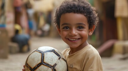 Egyptian child with a soccer ball, looking playful