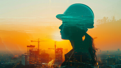 Double exposure of a female construction site and the silhouette of an engineer, Engineer in silhouette style, deep in thought, with a bustling construction backdrop blended in double exposure