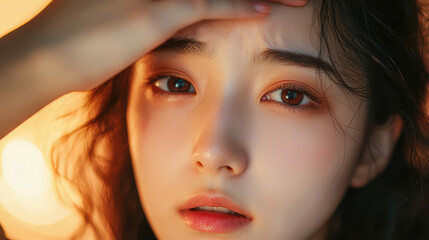 Close-up portrait of a young woman with flowing hair, expressing emotion against a warm, glowing background