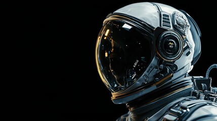 A futuristic astronaut helmet with a transparent visor, showing intricate design details of the suit and communication systems