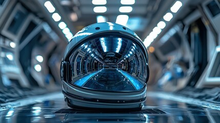 A helmet sitting on the ground of a space station, reflecting the sterile interior lights and equipment in the visor