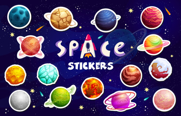 Wall Mural - stickers of alien galaxy planets and stars on fantasy space starry sky vector background. cartoon al